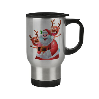 Santa Claus & Deers, Κούπα ταξιδιού ανοξείδωτη με καπάκι, διπλού τοιχώματος (θερμό) 450ml
