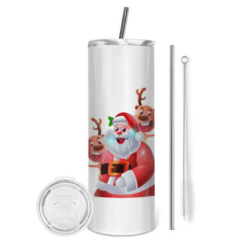 Santa Claus & Deers, Eco friendly ποτήρι θερμό (tumbler) από ανοξείδωτο ατσάλι 600ml, με μεταλλικό καλαμάκι & βούρτσα καθαρισμού