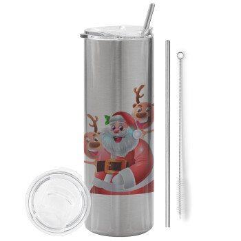 Santa Claus & Deers, Eco friendly ποτήρι θερμό Ασημένιο (tumbler) από ανοξείδωτο ατσάλι 600ml, με μεταλλικό καλαμάκι & βούρτσα καθαρισμού