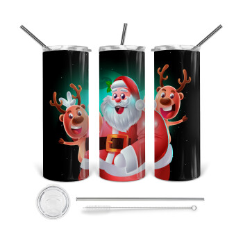 Santa Claus & Deers, 360 Eco friendly ποτήρι θερμό (tumbler) από ανοξείδωτο ατσάλι 600ml, με μεταλλικό καλαμάκι & βούρτσα καθαρισμού