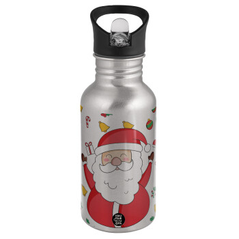 Santa Claus gifts, Water bottle Silver with straw, stainless steel 500ml