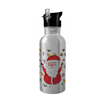 Santa Claus gifts, Water bottle Silver with straw, stainless steel 600ml