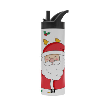 Santa Claus gifts, Μεταλλικό παγούρι θερμός με καλαμάκι & χειρολαβή, ανοξείδωτο ατσάλι (Stainless steel 304), διπλού τοιχώματος, 600ml
