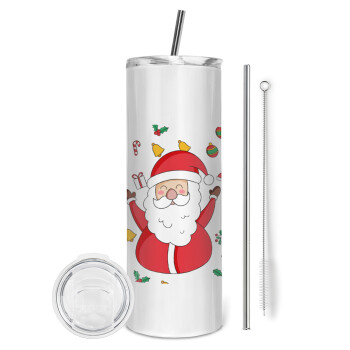 Santa Claus gifts, Eco friendly ποτήρι θερμό (tumbler) από ανοξείδωτο ατσάλι 600ml, με μεταλλικό καλαμάκι & βούρτσα καθαρισμού