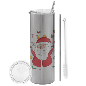 Santa Claus gifts, Eco friendly ποτήρι θερμό Ασημένιο (tumbler) από ανοξείδωτο ατσάλι 600ml, με μεταλλικό καλαμάκι & βούρτσα καθαρισμού
