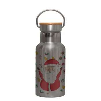 Santa Claus gifts, Stainless steel metallic thermos flask, silver with a bamboo lid, double-walled, 350ml.