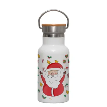 Santa Claus gifts, Metallic thermos (Stainless steel) White with wooden lid (bamboo), double-walled, 350ml