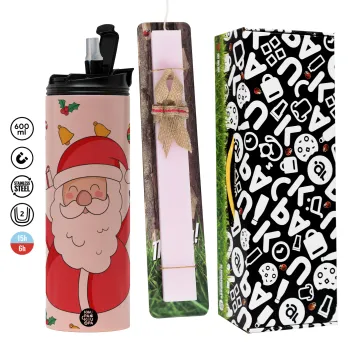 Santa Claus gifts, Πασχαλινή Λαμπάδα με  ΡΟΖ Travel Tumbler θερμό (600ml, BPA free) & κερί αρωματικό πλακέ (30cm) (ΡΟΖ)