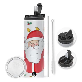 Santa Claus gifts, Travel Tumbler 2 Lids, with metal straw & cleaning brush (Stainless steel 304 Food grade, BPA free, 600ml)