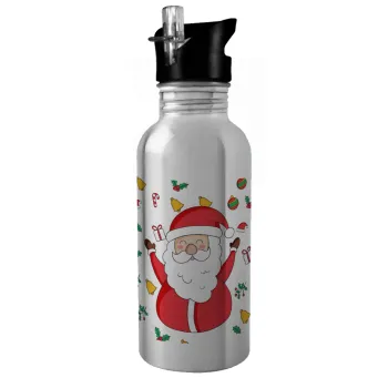 Santa Claus gifts, Water bottle Silver with straw, stainless steel 600ml