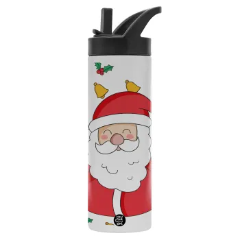 Santa Claus gifts, Μεταλλικό παγούρι θερμός με καλαμάκι & χειρολαβή, ανοξείδωτο ατσάλι (Stainless steel 304), διπλού τοιχώματος, 600ml