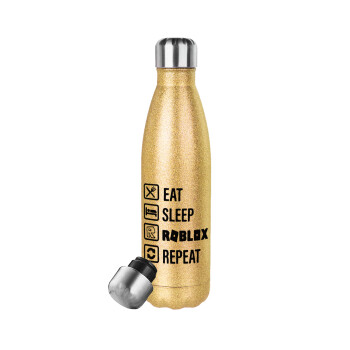 Eat, Sleep, Roblox, Repeat, Μεταλλικό παγούρι θερμός Glitter χρυσό (Stainless steel), διπλού τοιχώματος, 500ml