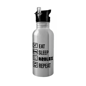 Eat, Sleep, Roblox, Repeat, Water bottle Silver with straw, stainless steel 600ml