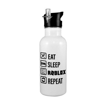 Eat, Sleep, Roblox, Repeat, White water bottle with straw, stainless steel 600ml