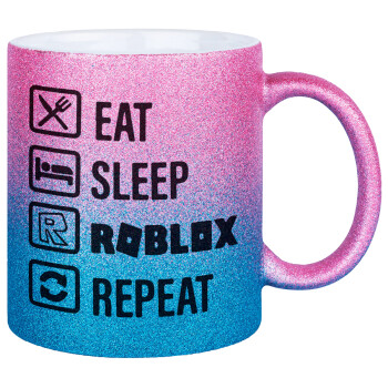 Eat, Sleep, Roblox, Repeat, Κούπα Χρυσή/Μπλε Glitter, κεραμική, 330ml