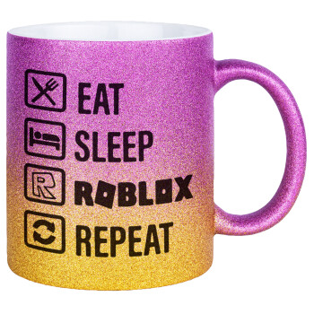 Eat, Sleep, Roblox, Repeat, Κούπα Χρυσή/Ροζ Glitter, κεραμική, 330ml