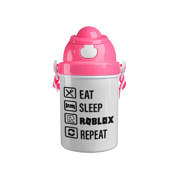 Eat, Sleep, Roblox, Repeat, Ροζ παιδικό παγούρι πλαστικό (BPA-FREE) με καπάκι ασφαλείας, κορδόνι και καλαμάκι, 400ml