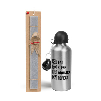 Eat, Sleep, Roblox, Repeat, Easter Set, metallic silver aluminum water bottle (500ml) & aromatic flat Easter candle (30cm) (GRAY)