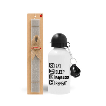 Eat, Sleep, Roblox, Repeat, Easter Set, metallic aluminum water bottle (500ml) & aromatic flat Easter candle (30cm) (GRAY)