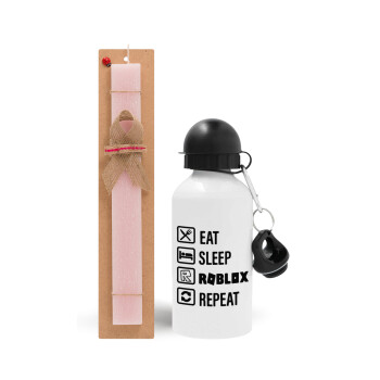 Eat, Sleep, Roblox, Repeat, Easter Set, metallic aluminum bottle (500ml) & aromatic flat Easter candle (30cm) (PINK)