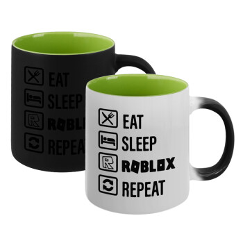 Eat, Sleep, Roblox, Repeat, Κούπα Μαγική εσωτερικό πράσινο, κεραμική 330ml που αλλάζει χρώμα με το ζεστό ρόφημα