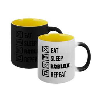 Eat, Sleep, Roblox, Repeat, Κούπα Μαγική εσωτερικό κίτρινη, κεραμική 330ml που αλλάζει χρώμα με το ζεστό ρόφημα