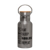Stainless steel metallic thermos flask, silver with a bamboo lid, double-walled, 350ml.