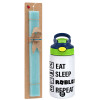 Easter Set, Children's thermal stainless steel bottle with safety straw, green/blue (350ml) & aromatic flat Easter candle (30cm) (TURQUOISE)