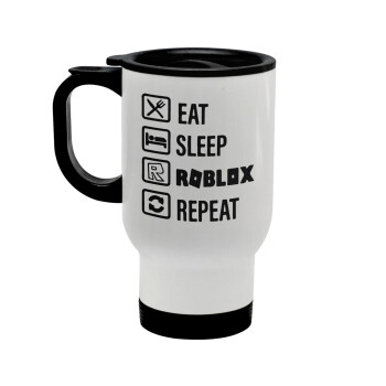 Eat, Sleep, Roblox, Repeat, Κούπα ταξιδιού ανοξείδωτη με καπάκι, διπλού τοιχώματος (θερμό) λευκή 450ml