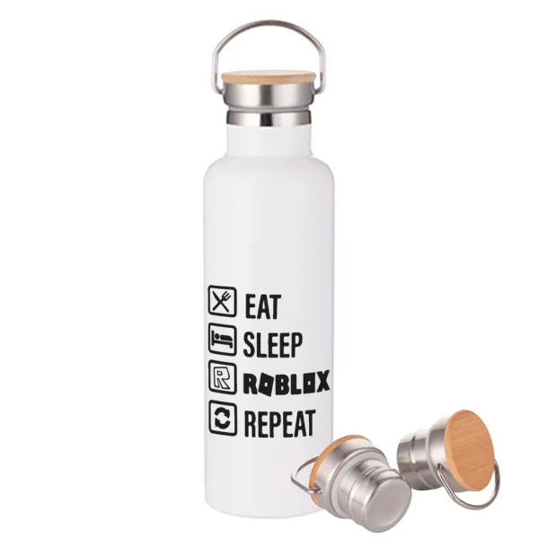 Eat — Μεταλλικό παγούρι θερμός (Stainless steel) Λευκό με ξύλινο καπάκι (bamboo), διπλού τοιχώματος, 750ml