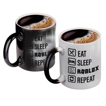 Eat, Sleep, Roblox, Repeat, Κούπα Μαγική, κεραμική, 330ml που αλλάζει χρώμα με το ζεστό ρόφημα