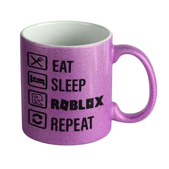 Eat, Sleep, Roblox, Repeat, Κούπα Μωβ Glitter που γυαλίζει, κεραμική, 330ml