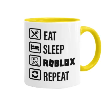 Eat, Sleep, Roblox, Repeat, Κούπα χρωματιστή κίτρινη, κεραμική, 330ml
