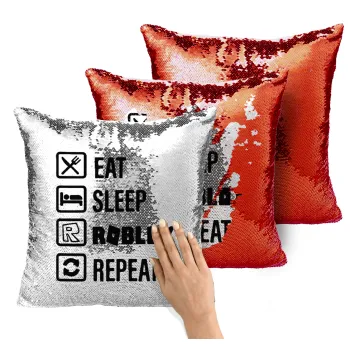 Eat, Sleep, Roblox, Repeat, Μαξιλάρι καναπέ Μαγικό Κόκκινο με πούλιες 40x40cm περιέχεται το γέμισμα