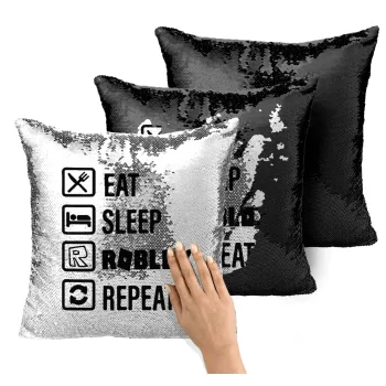 Eat, Sleep, Roblox, Repeat, Μαξιλάρι καναπέ Μαγικό Μαύρο με πούλιες 40x40cm περιέχεται το γέμισμα