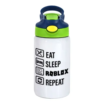 Eat, Sleep, Roblox, Repeat, Children's hot water bottle, stainless steel, with safety straw, green, blue (350ml)