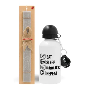 Eat, Sleep, Roblox, Repeat, Easter Set, metallic aluminum water bottle (500ml) & aromatic flat Easter candle (30cm) (GRAY)