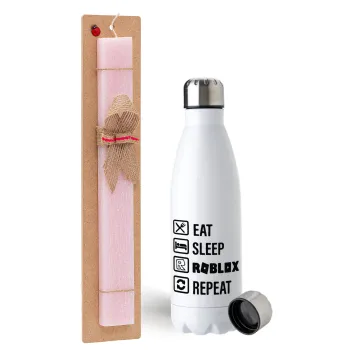 Eat, Sleep, Roblox, Repeat, Easter Set, metallic stainless steel water bottle (750ml) & scented flat Easter candle (30cm) (PINK)