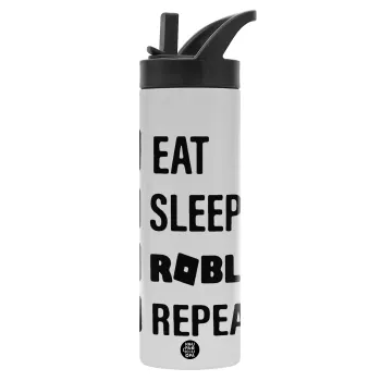 Eat, Sleep, Roblox, Repeat, Μεταλλικό παγούρι θερμός με καλαμάκι & χειρολαβή, ανοξείδωτο ατσάλι (Stainless steel 304), διπλού τοιχώματος, 600ml