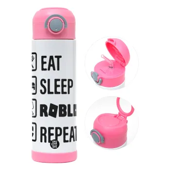 Eat, Sleep, Roblox, Repeat, Children's hot water bottle, stainless steel, with safety straw, PINK (500ml)