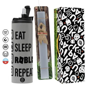Eat, Sleep, Roblox, Repeat, Easter candle with Grey Tumbler Thermo 600ml & aromatic flat candle (30cm) (GREY)