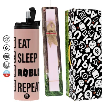 Eat, Sleep, Roblox, Repeat, Easter candle,Travel Tumbler 2 Lids, with metal straw & cleaning brush & aromatic flat candle (30cm) (PINK)