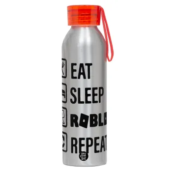 Eat, Sleep, Roblox, Repeat, Aluminum Sports Bottle 650ml – Silver with Red Cap and Silicone Strap