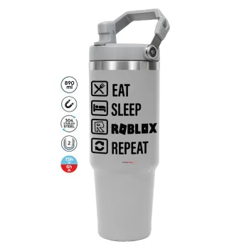 Eat, Sleep, Roblox, Repeat, ΓΚΡΙ χρώματος Θερμός Ανοξείδωτο 890ml (30oz) με χερούλι