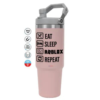 Eat, Sleep, Roblox, Repeat, ΡΟΖ χρώματος Θερμός Ανοξείδωτο 890ml (30oz) με χερούλι