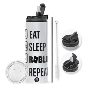 Eat, Sleep, Roblox, Repeat, Travel Tumbler 2 Lids, with metal straw & cleaning brush (Stainless steel 304 Food grade, BPA free, 600ml)