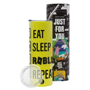 Eat, Sleep, Roblox, Repeat, Neon Yellow Travel Tumbler θερμό, μεταλλικό καλαμάκι(Ανωξείδωτο 304 Food grade, BPA free, 600ml)