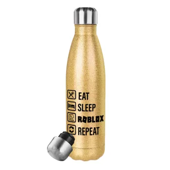 Eat, Sleep, Roblox, Repeat, Μεταλλικό παγούρι θερμός Glitter χρυσό (Stainless steel), διπλού τοιχώματος, 500ml