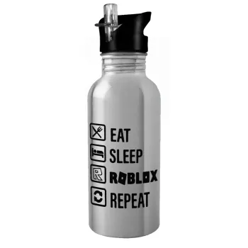 Eat, Sleep, Roblox, Repeat, Water bottle Silver with straw, stainless steel 600ml