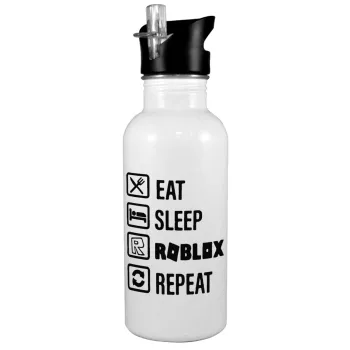 Eat, Sleep, Roblox, Repeat, White water bottle with straw, stainless steel 600ml